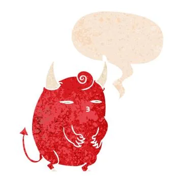 Cartoon halloween devil and speech bubble in retro textured style Illustrazione stock
