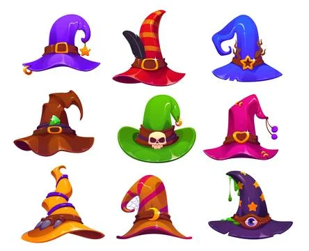 Cartoon Halloween witch, wizard and sorcerer hats Stock Illustration