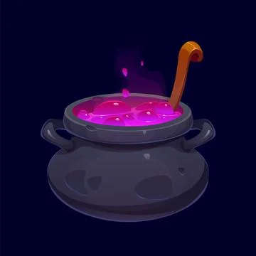 Cartoon Halloween wizard witch enchanted cauldron Stock Illustration