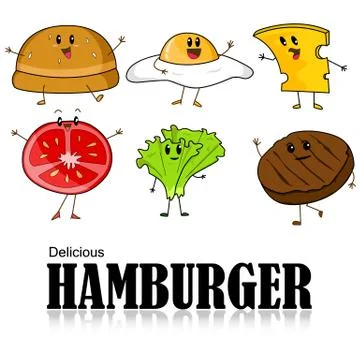 Cartoon of Hamburger, bread, meat, slice tomato, cheese, lettuce and fried eg イラスト素材