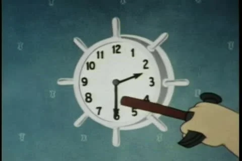Cartoon of hammer turning clock forward Stock Footage 11345479