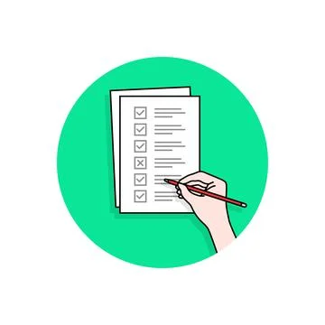 Cartoon hand with checklist task or quiz Stock Illustration