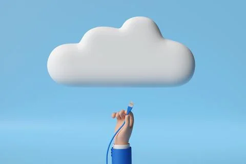 Cartoon hand connecting a network cable to a cloud. 3d illustration. Stock Illustration