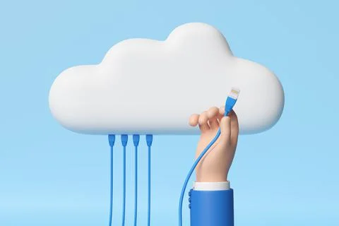 Cartoon hand connecting a network cable to a cloud. 3d illustration. Stock Illustration