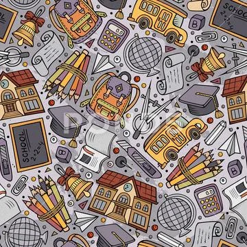 Cartoon hand-drawn Back to School seamless pattern Stock Illustration
