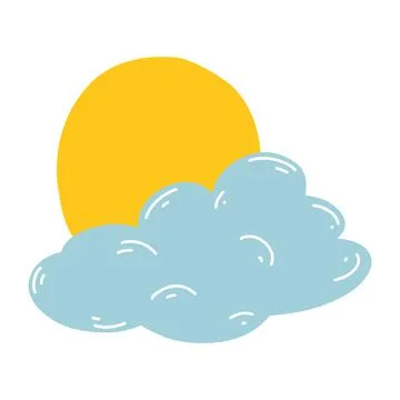 Cartoon hand drawn cloud and sun. Vector illustration of weather forecast, na Stock Illustration