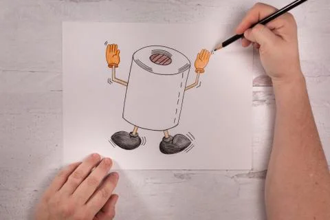 Cartoon hand-drawn doodle of dancing toilet paper with real human hands Stock Photos