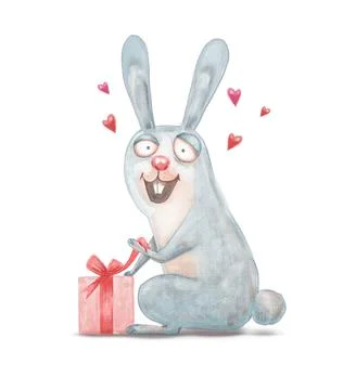 A cartoon hand-drawn rabbit opens a gift and smiles Stock Illustration