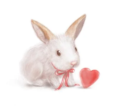 Cartoon hand-drawn rabbit with a red ribbon and a heart Stock Illustration