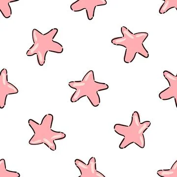 Cartoon hand drawn seamless pattern decorated pink stars on white background Stock Illustration