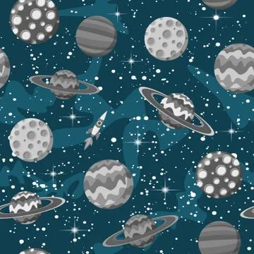 Cartoon hand-drawn space, planets seamless pattern vector background Illustrazione stock