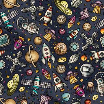 Cartoon hand-drawn space, planets seamless pattern Stock Illustration