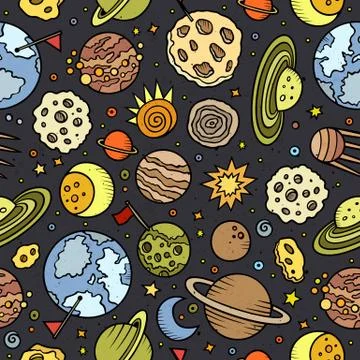 Cartoon hand-drawn space, planets seamless pattern Stock Illustration