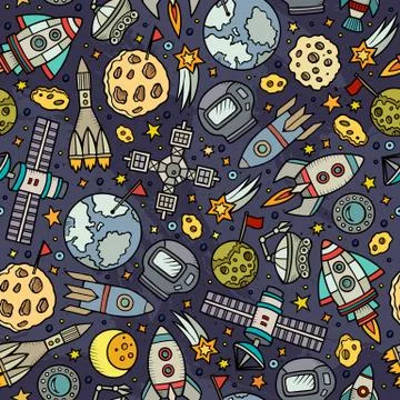Cartoon hand-drawn space, planets seamless pattern Illustrazione stock