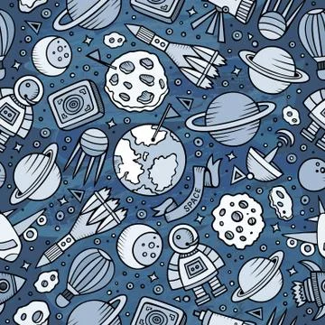Cartoon hand-drawn space, planets seamless pattern Stock Illustration