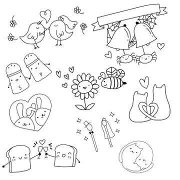 Cartoon hand drawn vector doodle set of Valentine's, Wedding Day and Love. Ink Stock Illustration