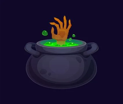 Cartoon hand emerges from a witch cauldron Stock Illustration