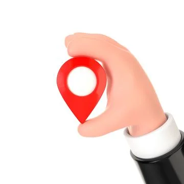 Cartoon Hand Holding Red Map Pointer Pin. 3d Rendering Illustrazione stock