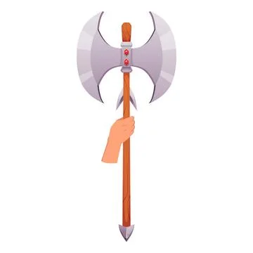Cartoon hand holds axe pike, lance medieval weapon, vector game iron axes with Stock Illustration