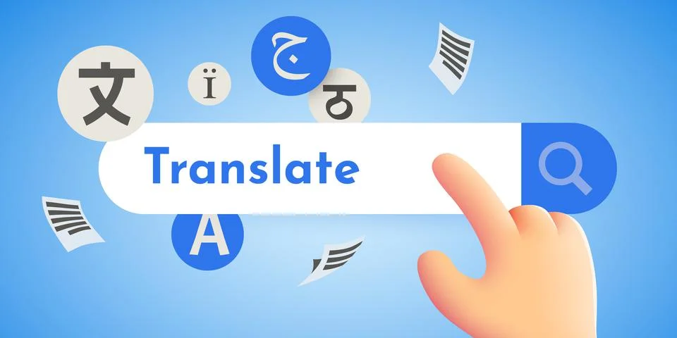 Cartoon hand looking for a translate using Internet. Stock Illustration