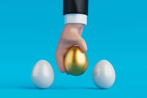Cartoon Hand Picking Up a Golden Easter Egg from a Row of Eggs. 3d Rendering Illustrazione stock