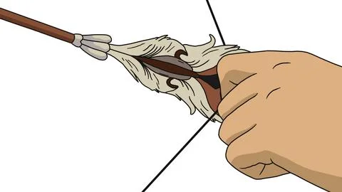 Cartoon hand pulling back arrow on bowstring detailed fingers and feather Stock Illustration