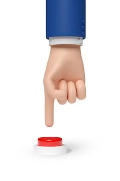 Cartoon hand pushing a red button isolated on white background. 3d illustrati Illustrazione stock