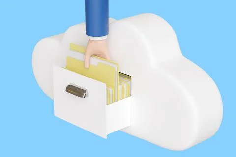 Cartoon hand putting folder with files in a cloud drawer isolated on blue bac Illustrazione stock