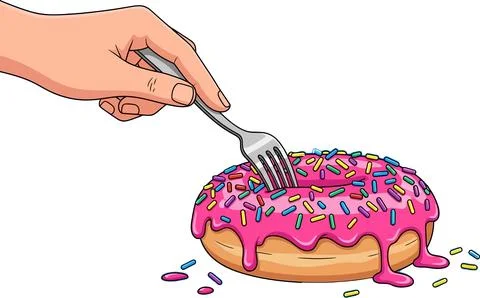 A cartoon hand using a fork to eat a donut with bright pink icing and colorfu Stock Illustration