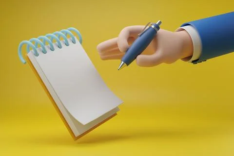 Cartoon hand writing in a notepad isolated in yellow background. 3d illustr.. Stock-Illustration