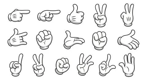 Cartoon Hands Gestures Collection: Pointing, Thumbs Up, Peace Sign, Rock On.. Stock Illustration