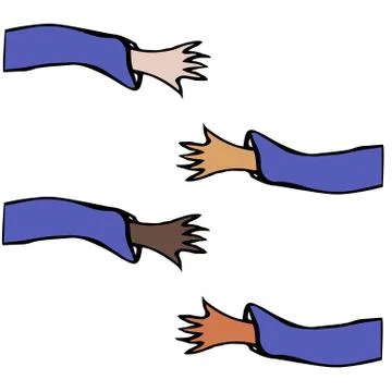 Cartoon Hands Stretch Towards Each Other. Arms Raised of Different Races Unit Stock Illustration
