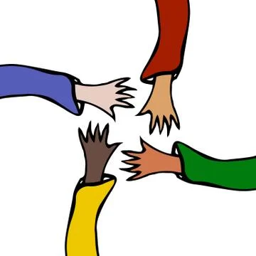 Cartoon Hands Stretch Towards Each Other. Arms Raised of Different Races Unit Stock Illustration