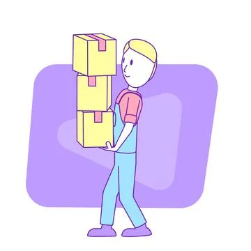 A cartoon handyman is carrying cardboard boxes. Stock Illustration