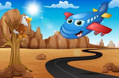 Cartoon happy airplane with eagle on tree and Empty road in the desert Stock Illustration
