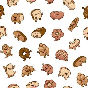 Cartoon happy bread. Seamless pattern. 스톡 일러스트
