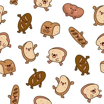 Cartoon happy bread. Seamless pattern. 스톡 일러스트