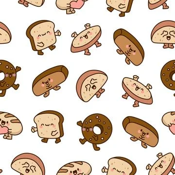 Cartoon happy bread. Seamless pattern. 스톡 일러스트