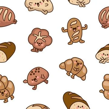 Cartoon happy bread. Seamless pattern. 스톡 일러스트