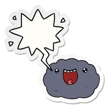 Cartoon happy cloud and speech bubble sticker Stock Illustration