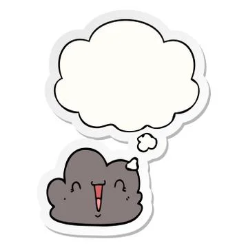 Cartoon happy cloud and thought bubble as a printed sticker 스톡 일러스트