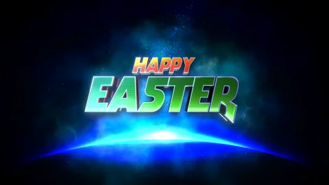Cartoon Happy Easter text in galaxy with flash of star Stock Footage 232840958