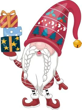 Cartoon happy gnomes holding stack of gift boxes Stock Illustration