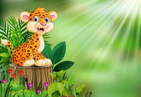 Cartoon happy leopard on tree stump with green plants Stock Illustration