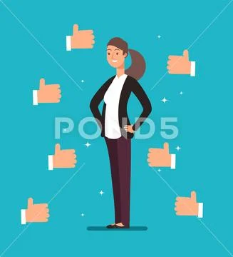 Cartoon happy proud businesswoman leader with many thumbs up hands. Business Stock Illustration