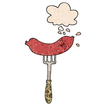 Cartoon happy sausage on fork and thought bubble in grunge texture pattern st Stock Illustration
