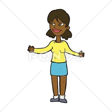 Cartoon happy woman shrugging shoulders Stock Illustration