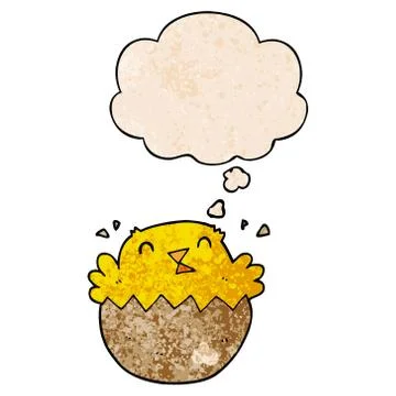 Cartoon hatching chick and thought bubble in grunge texture pattern style Illustrazione stock