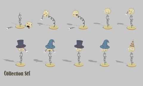 Cartoon head on a spring in various poses. Set of vector illustrations. Stock Illustration