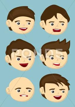 Cartoon Heads with Different Facial Expressions and Hairstyle ...